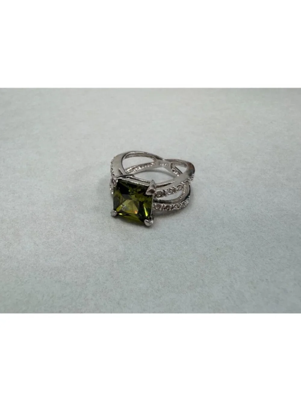 Huge Olive Green Princess Cut Statement Ring Pave CZ Silver Tone Size 7.5